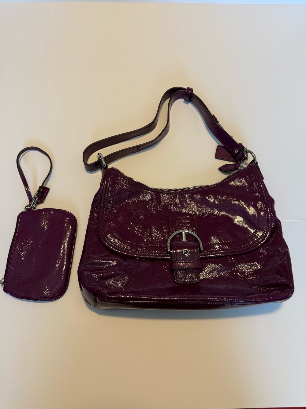Coach Patent Leather Shoulder Bag in Deep Plum with Wristlet